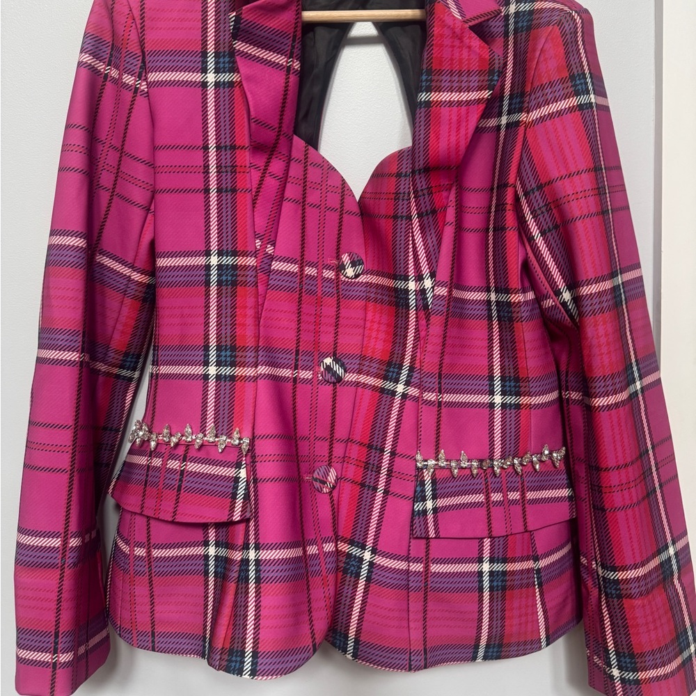 Pink Plaid Tailored Peplum Jacket like Area Large - Picture 2 of 16